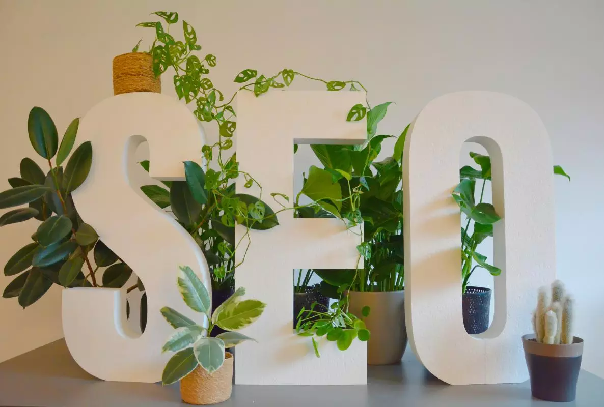 white letters for SEO surrounded by plants